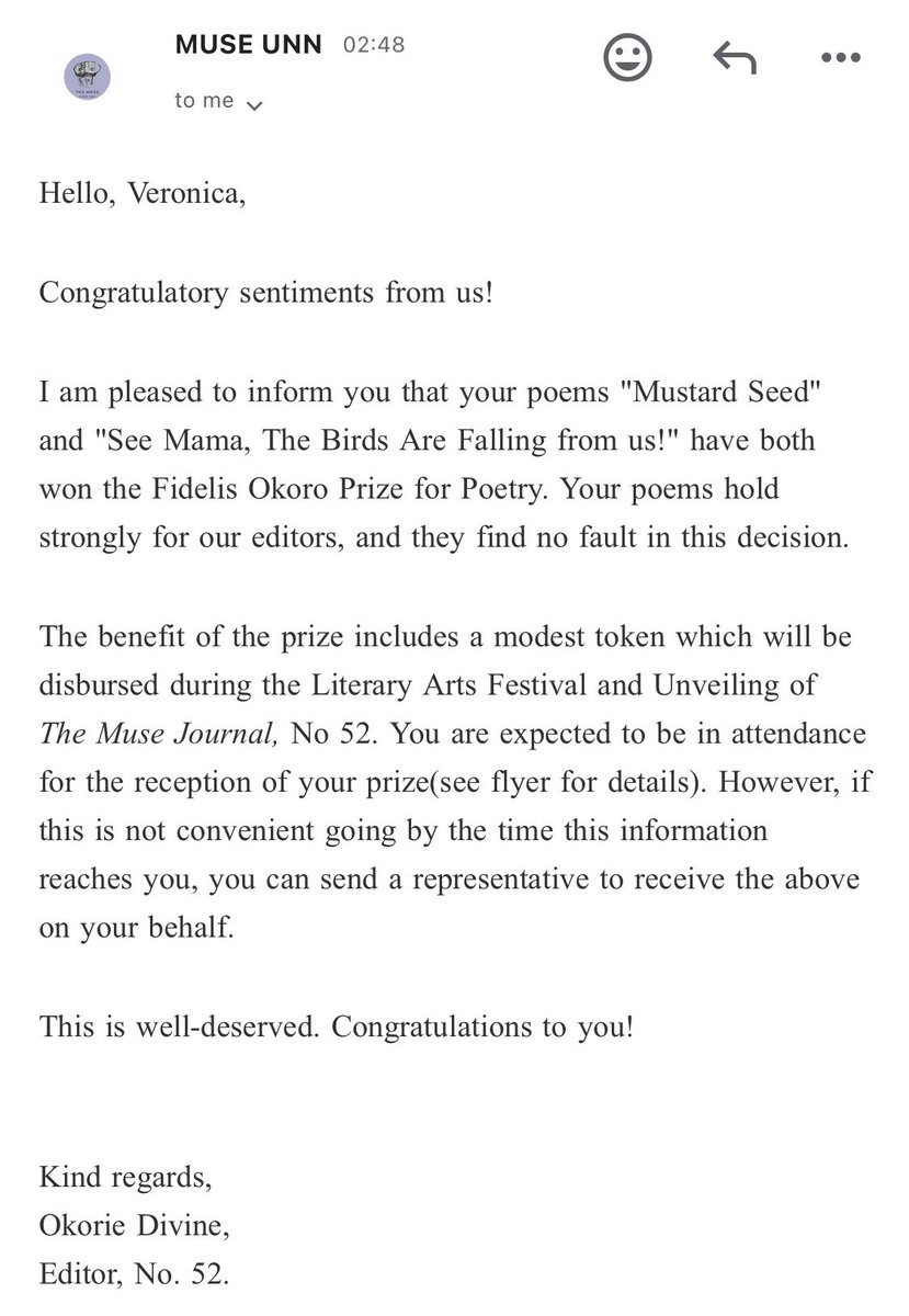 VCEnujioke's tweet image. I am thrilled to share that I won both the Fidelis Okoro Prize for Poetry of The Muse Journal, No. 52 and the GBV Poetry &amp;amp; Spoken Words contest for 16 days of activism, held by @wonderwomannigeria in partnership with the French Embassy @FranceInNigeria. 
Grateful for my craft.🤭
