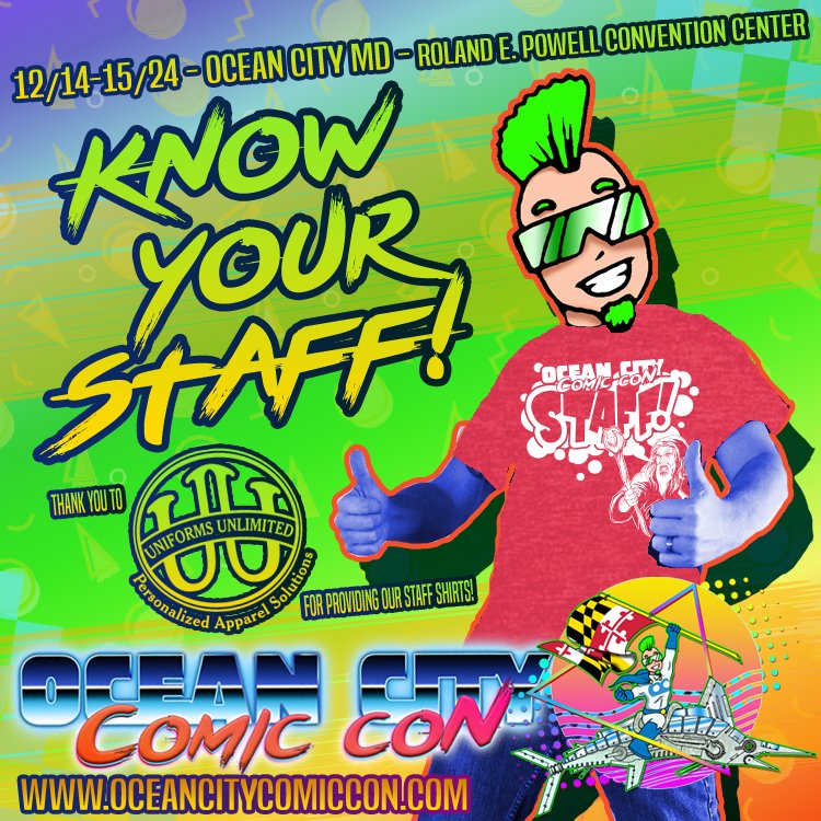 Look for our friendly &amp; helpful staff sporting  these oh so attractive shirts provided by our friends at Uniforms Unlimited, Inc! Staff members will be there to help you out, answer questions, &amp;  ensure you have a great time. Tix, socials &amp; more: linktr.ee/OceanCityComic…

#staff
