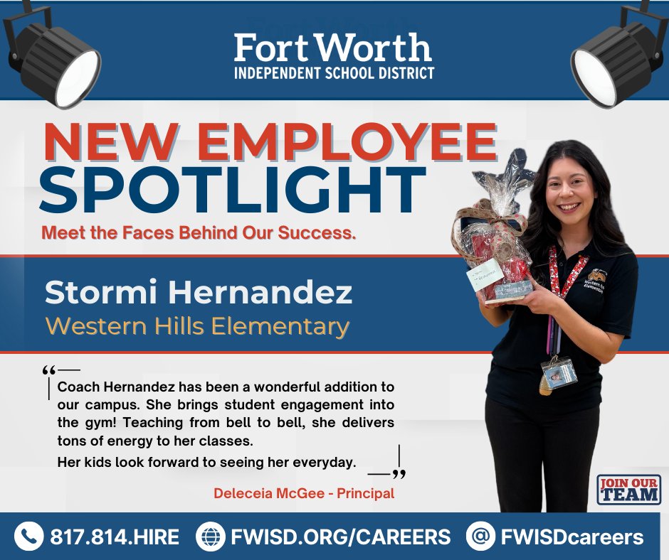 FWISD Careers (@fwisdcareers) on Twitter photo Meet Coach Stormi Hernandez, the newest star of the <a href="/WesternHillsES/">Western Hills Elementary School</a> team.
Do YOU want to shout out a new District employee? Simply message the Strategic Recruitment Team at teachfortworth@fwisd.org. Meet Coach Stormi Hernandez, the newest star of the <a href="/WesternHillsES/">Western Hills Elementary School</a> team.
Do YOU want to shout out a new District employee? Simply message the Strategic Recruitment Team at teachfortworth@fwisd.org.
