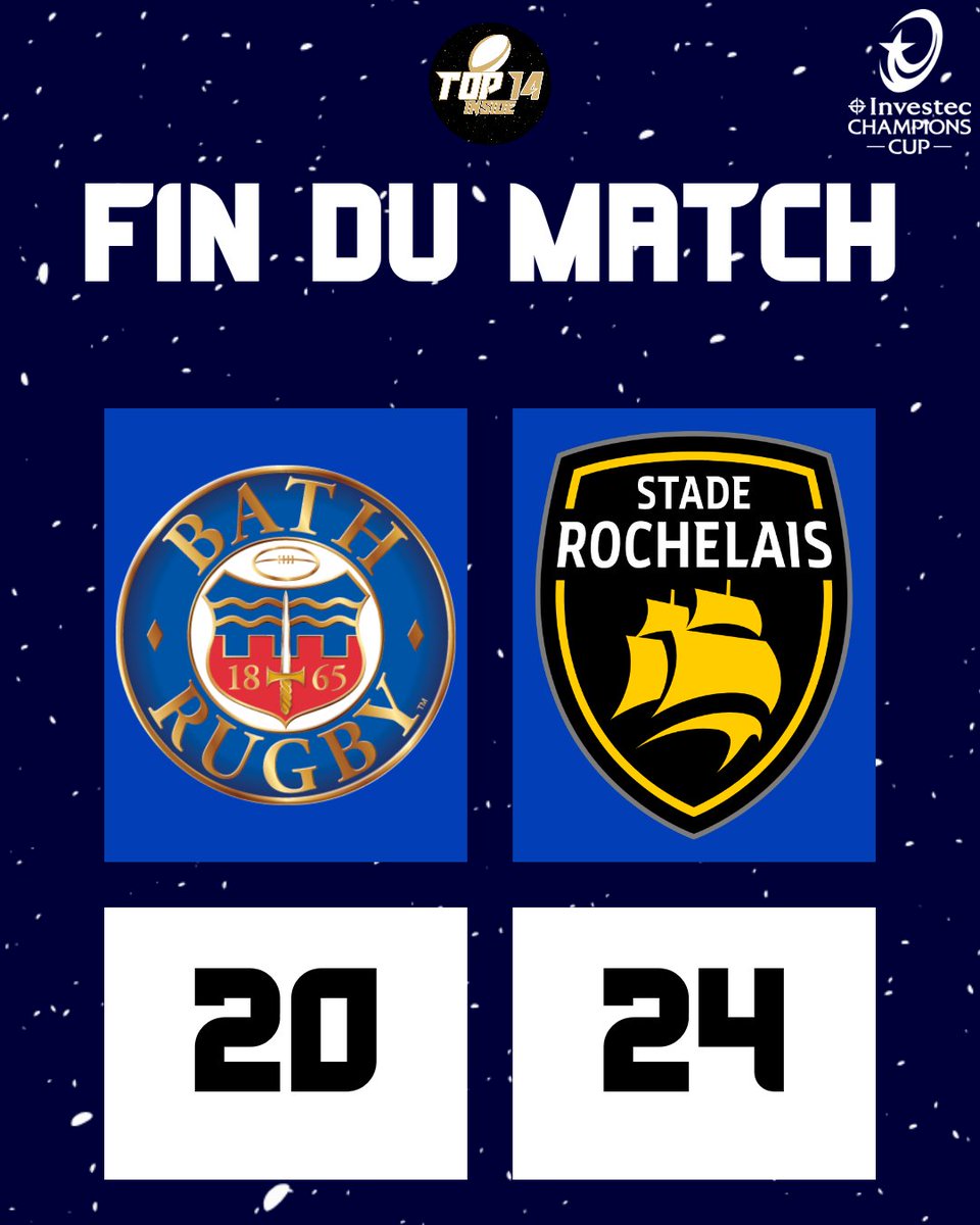 TOP14_inside's tweet photo. 𝙁𝙄𝙉 𝘿𝙐 𝙈𝘼𝙏𝘾𝙃 

LES ROCHELAIS L'ONT FAIT !!! 👊🏻💫

Victoire en Angleterre pour bien lancer leur campagne !! 🔥

💙 2️⃣0️⃣-2️⃣4️⃣ 💛🖤

#BATvSR | #BATSR | #ChampionsCup https://t.co/3abhh4pY1s
