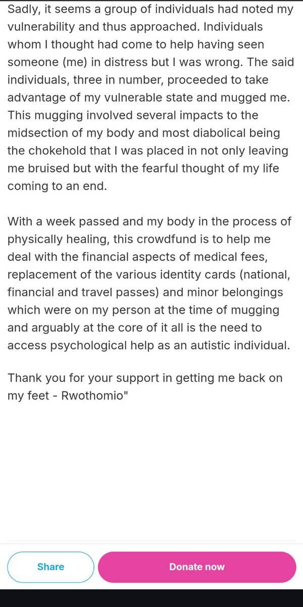 Join me in donating and sharing this fundraiser to help my fellow neurodivergent and autistic friend Rwothomio who was attacked. If you can't donate, sharing is just as important 

chuffed.org/project/118431…

#Neurodivergent #Autistic #Fundraiser #AbleistViolence