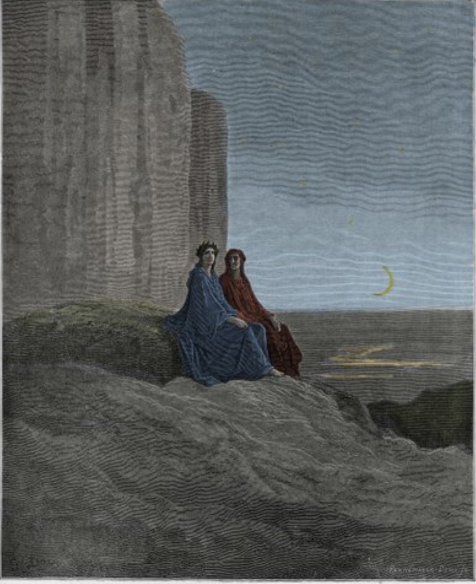 “La concubina di Titone antico già s'imbiancava al balco d'orïente, fuor de le braccia del suo dolce amico”  así #dantealighieri nos dice que la noche estaba terminando #LaDivinaComida #purgatorio Canto 8 V1-33