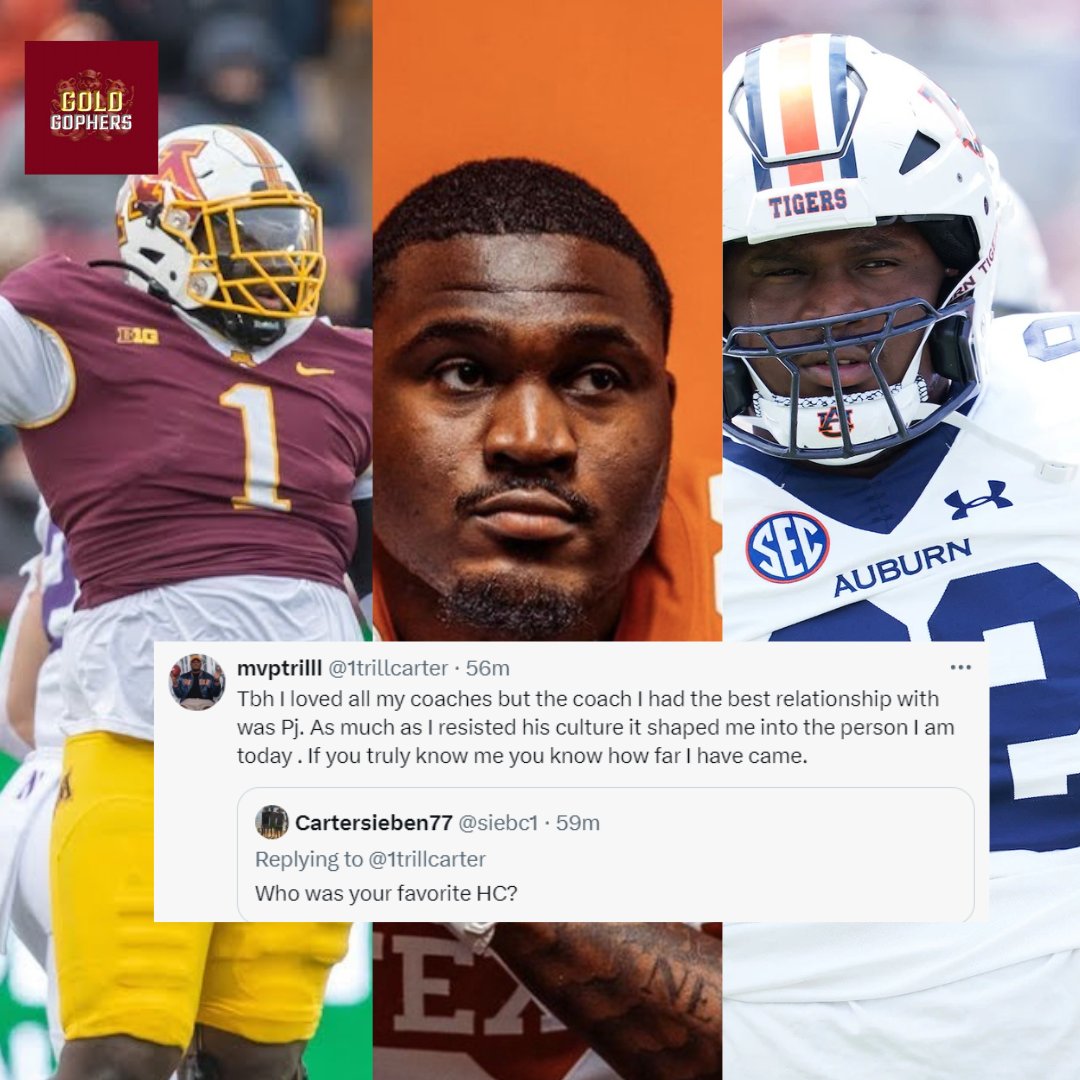 Former #Gophers DT Trill Carter (@1trillcarter) just completed his sixth and final CFB season. He played 4 years at UMN, 1 at Tex. and 1 at Auburn. He says P.J. Fleck was his favorite HC.

"As much as I resisted his culture it shaped me into the person I am today . If you truly