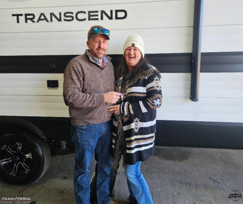 CampersUnlimitd's tweet photo. Congratulations to Michael Cottrell from Temple , Ga. on your new Transcend by Grand Design! Salesman Shane Strickland was happy to help this sweet couple! Thank you for traveling the extra miles to shop at our Gadsden location! With keys in hand!  Let the good times begin! https://t.co/qEYt8qz2Gc