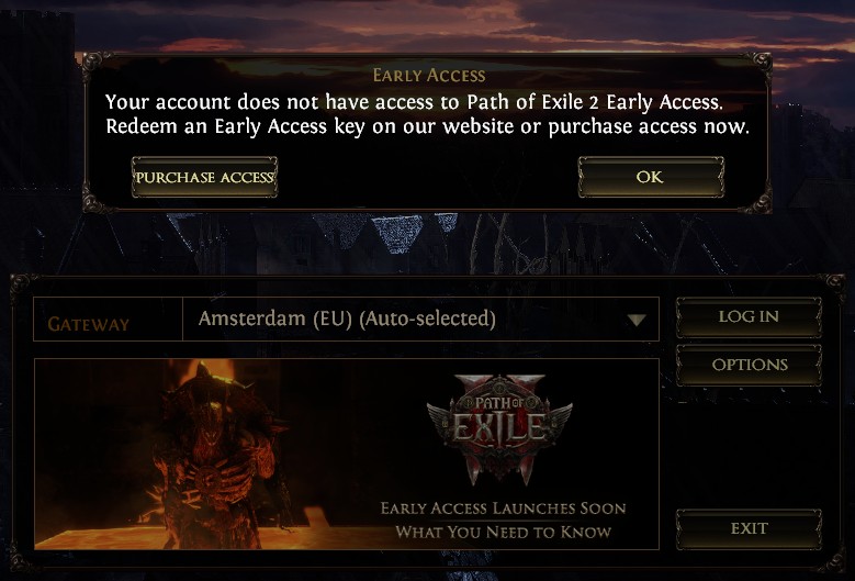 Baroid88's tweet photo. @pathofexile Bought the early access, got this when trying to log in. Come on ffs https://t.co/CXvu2R8btT