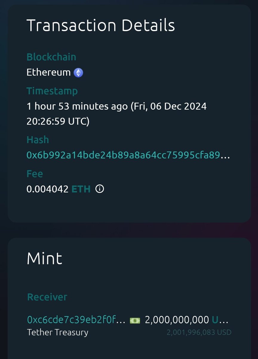 🔥 JUST IN: $2,000,000,000 #USDT minted by Tether on #Ethereum! 🚀