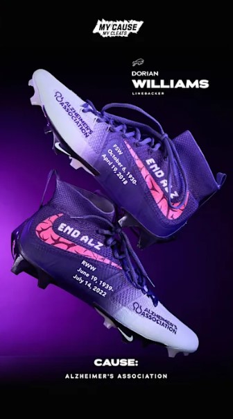 Alzheimer's Association (@alzassociation) on Twitter photo Thank you, <a href="/dorianw24/">Dorian Williams</a>, for being a part of the fight to end Alzheimer's in honor of your grandfather and grandmother through #MyCauseMyCleats. <a href="/buffalobills/">Buffalo Bills</a> #ENDALZ #Bills Thank you, <a href="/dorianw24/">Dorian Williams</a>, for being a part of the fight to end Alzheimer's in honor of your grandfather and grandmother through #MyCauseMyCleats. <a href="/buffalobills/">Buffalo Bills</a> #ENDALZ #Bills