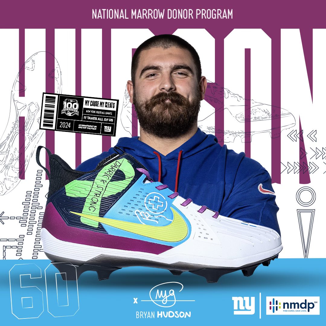 Bryan Hudson is representing <a href="/nmdp_org/">NMDP</a> (formerly known as Be The Match) to honor his uncle that has a rare T-cell lymphoma and stem cell donation is critical to fighting his disease.

Vote for your favorite cleats here: nygnt.co/MCMC