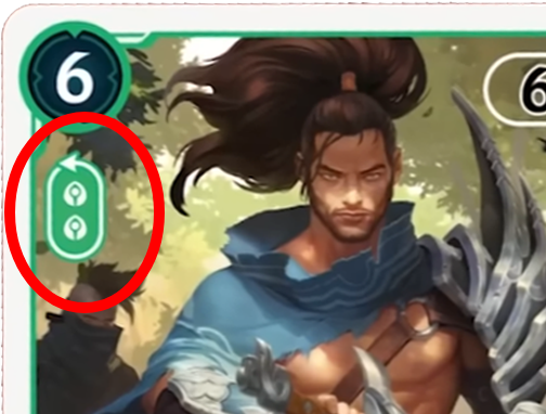 With the revelation that you gain 2 Runes per turn (from the Polygon article) I think my theory with these symbols is that you return those runes to your Rune deck to play the card.  

So for this Yassuo here, you would pay 6 mana and return 2 Calm Runes to the deck.