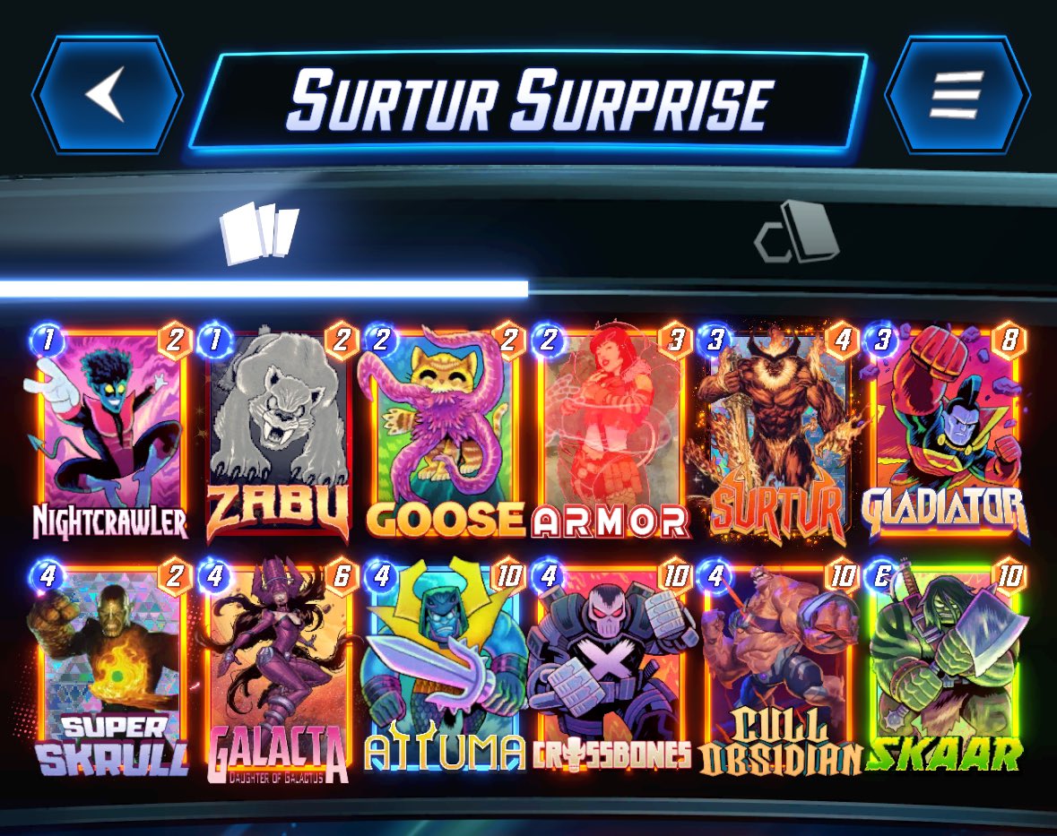 KFE_3_Snap's tweet photo. Smooth climb to infinite with this Galacta/Surtur build. Would usually snap with Zabu in hand turn 1. Sneak all those discounted 4s under Goose, and SS was a certified Gorr/Negative killer @SnapDecks @SnapSkiddy @MarvelSnapZone @MarvelSnapRocks https://t.co/bQmDpi8tuB
