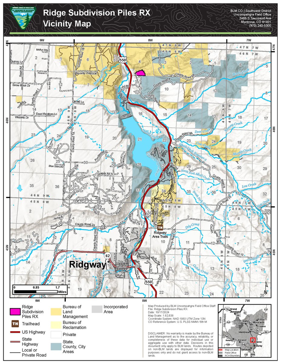 If conditions are good, BLM Southwest District Fire plans to burn pinyon and juniper piles at the Ridge subdivision just north of Ridgway beginning around 10AM on Monday 12/9.
Map: blm.gov/sites/default/…