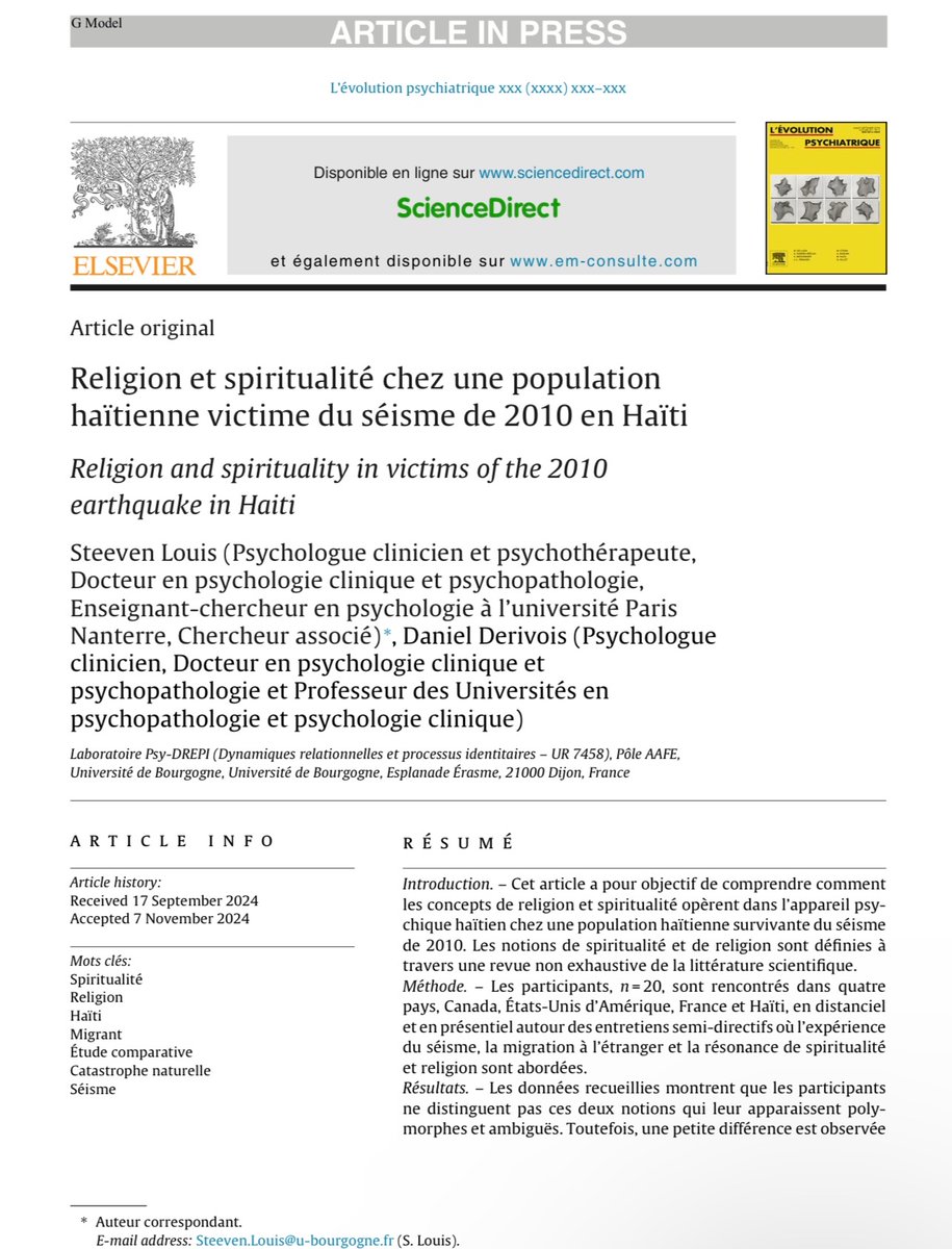 SteevenLLOUIS's tweet image. Parution de mon nouvel article de recherche, dans la revue L&apos;Evolution psychiatrique, intitulé : 
Religion et spiritualité chez une population haïtienne victime du séisme de 2010 en Haïti. 
Lien pour lire l&apos;article en accès libre : sciencedirect.com/science/articl…