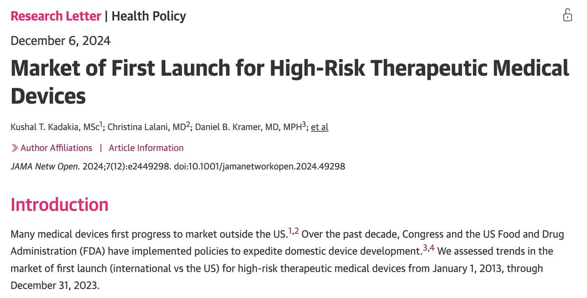 Kushal Kadakia (@ktkadakia) on Twitter photo Are American patients the first to access innovations in medical device technology?
In <a href="/JAMANetworkOpen/">JAMA Network Open</a>, <a href="/ChristinaLalani/">Christina Lalani</a>, Dan Kramer, Hibiki Orui, and <a href="/rwyeh/">Robert W. Yeh</a> assess trends in the market-of-first launch for high-risk therapeutic devices over the past decade (1/7) Are American patients the first to access innovations in medical device technology?
In <a href="/JAMANetworkOpen/">JAMA Network Open</a>, <a href="/ChristinaLalani/">Christina Lalani</a>, Dan Kramer, Hibiki Orui, and <a href="/rwyeh/">Robert W. Yeh</a> assess trends in the market-of-first launch for high-risk therapeutic devices over the past decade (1/7)
