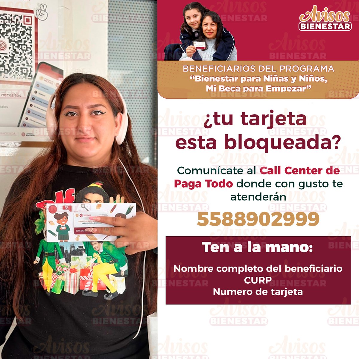 avisosbienestar's tweet image. ¿Problemas con tu tarjeta de Bienestar? 💳🛑
Si está bloqueada, llama directo al 55 8890 2999 para solucionarlo. #AyudaRápida #BienestarParaNiños