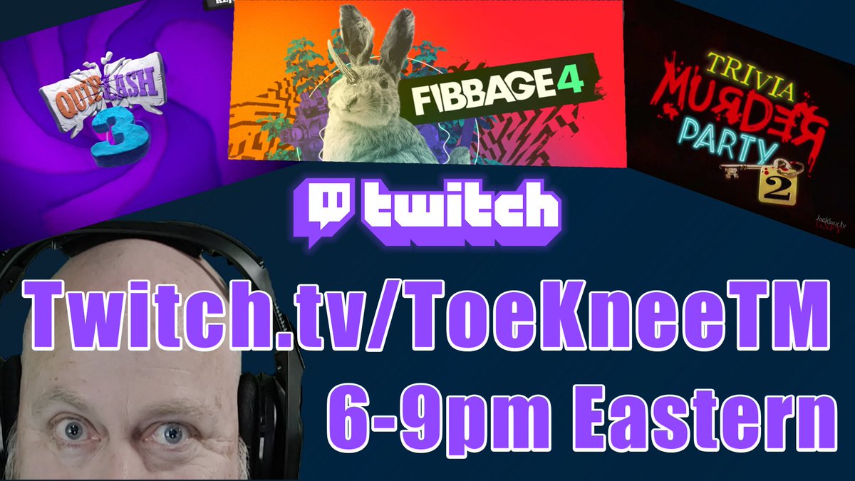 ToeKneeTM's tweet photo. Friday Fun Time is here!

We're going to be laughing, crying and traumatized at least once playing @jackboxgames Party Packs! Fibbage, Quiplash and Trivia Murder Party with random shenanigans and possible bouts of BeanBoozled.

6-9pm Eastern on Twitch. See you soon. Link in bio. https://t.co/Rg9XGeNTC4