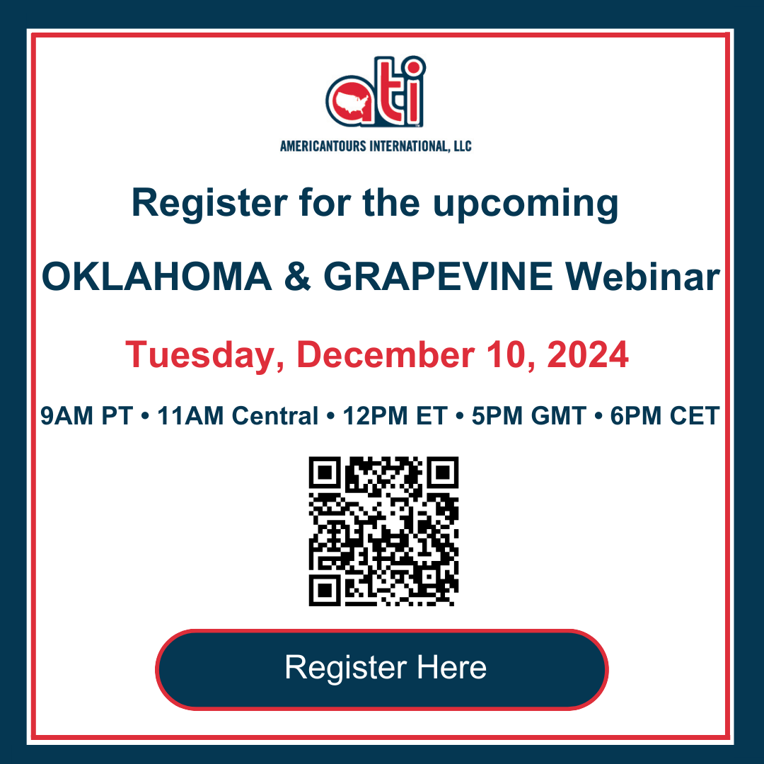 AmericanTours1's tweet photo. Join us for an exclusive live webinar with our partners Oklahoma &amp; Grapevine on Tuesday, December 10! Don't miss out - sign up now!
Register here:
https://t.co/kCYIs3I8Ib
#webinar #traveltrade #Oklahoma #grapevinetexas https://t.co/4C0wygIWBh