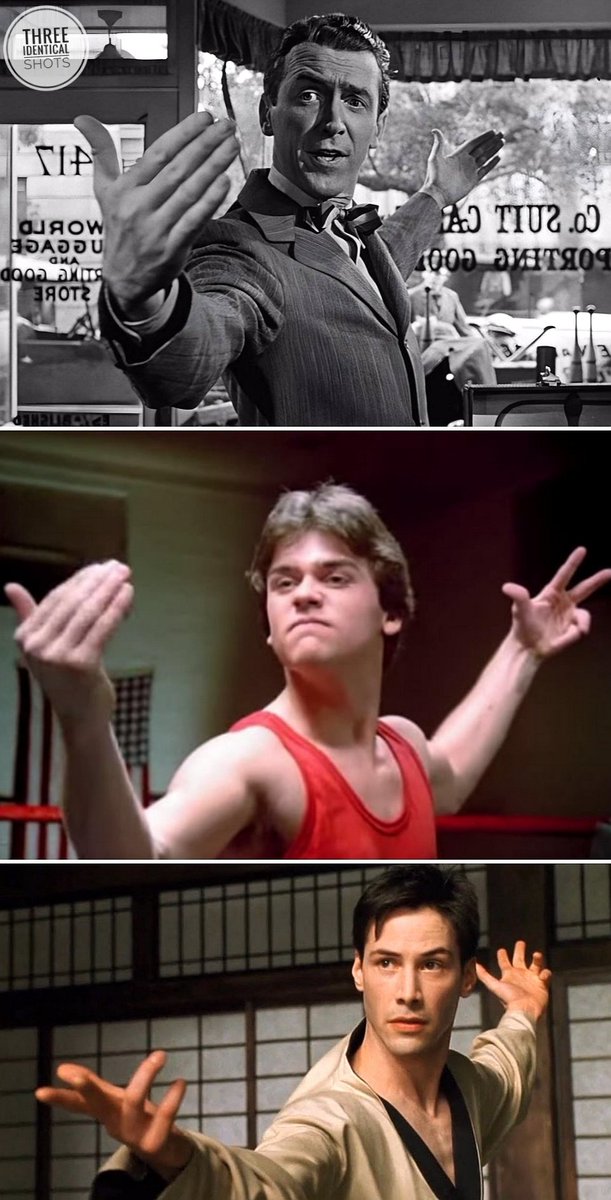 IdenticalShots's tweet photo. 1- It's a Wonderful Life - Frank Capra, 1946
2- No Retreat, No Surrender - Corey Yuen, 1986
3- #TheMatrix - Lana Wachowski, @lilly_wachowski, 1999
.
.
@TheMatrixMovie
#KeanuReeves #JamesStuart https://t.co/XNWL4AzMyO