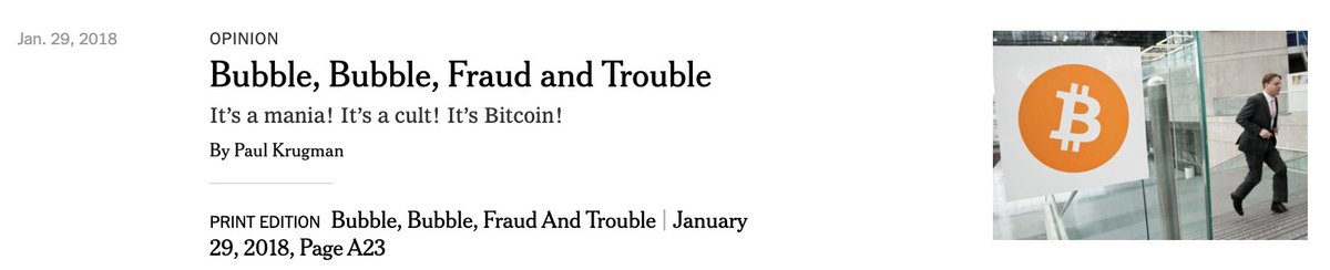 Paul Krugman is retiring from the
<a href="/nytimes/">The New York Times</a>. Let's revisit his greatest crypto/tech hits 🧵
 
✅ 1/29/18: "Bubble, Bubble, Fraud and Trouble - It's a mania! It's a cult! It's Bitcoin!"