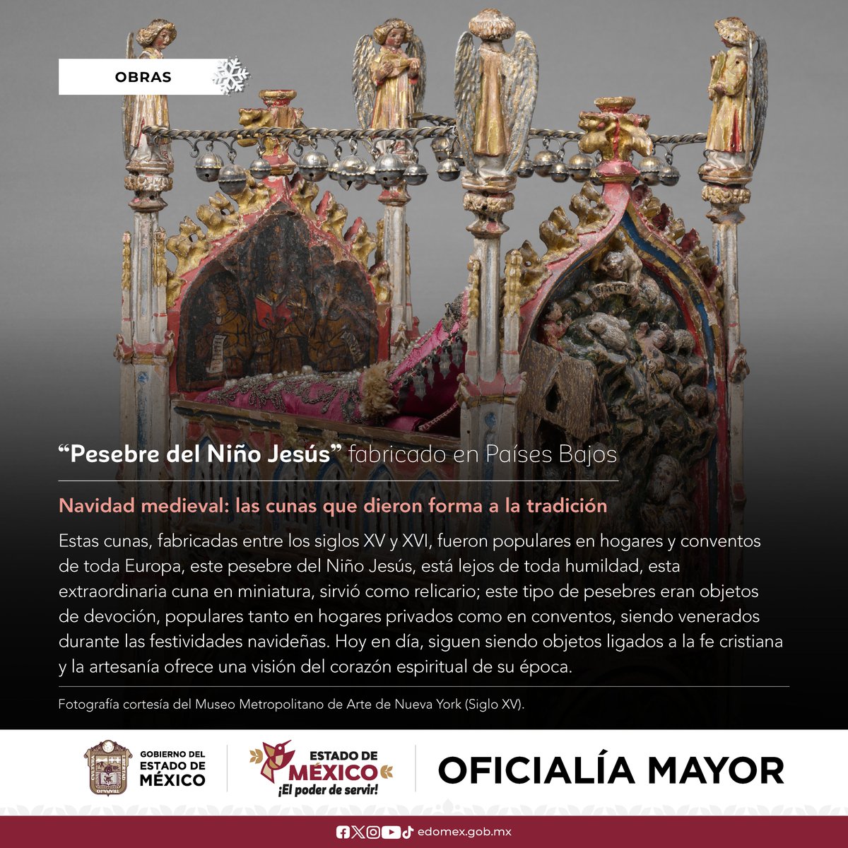 agem_mex's tweet photo. ¿Quién no reconoce los nacimientos que adornan cada rincón durante las fiestas decembrinas? Las #cunas del “Niño Jesús” son piezas de #arte medieval, siendo los primeros #pesebres reproducidos en “masa”, los cuales son preservados en el @metmuseum. #OficialíaMayor #SomosAGEMÉX https://t.co/IHVbLb4lH6