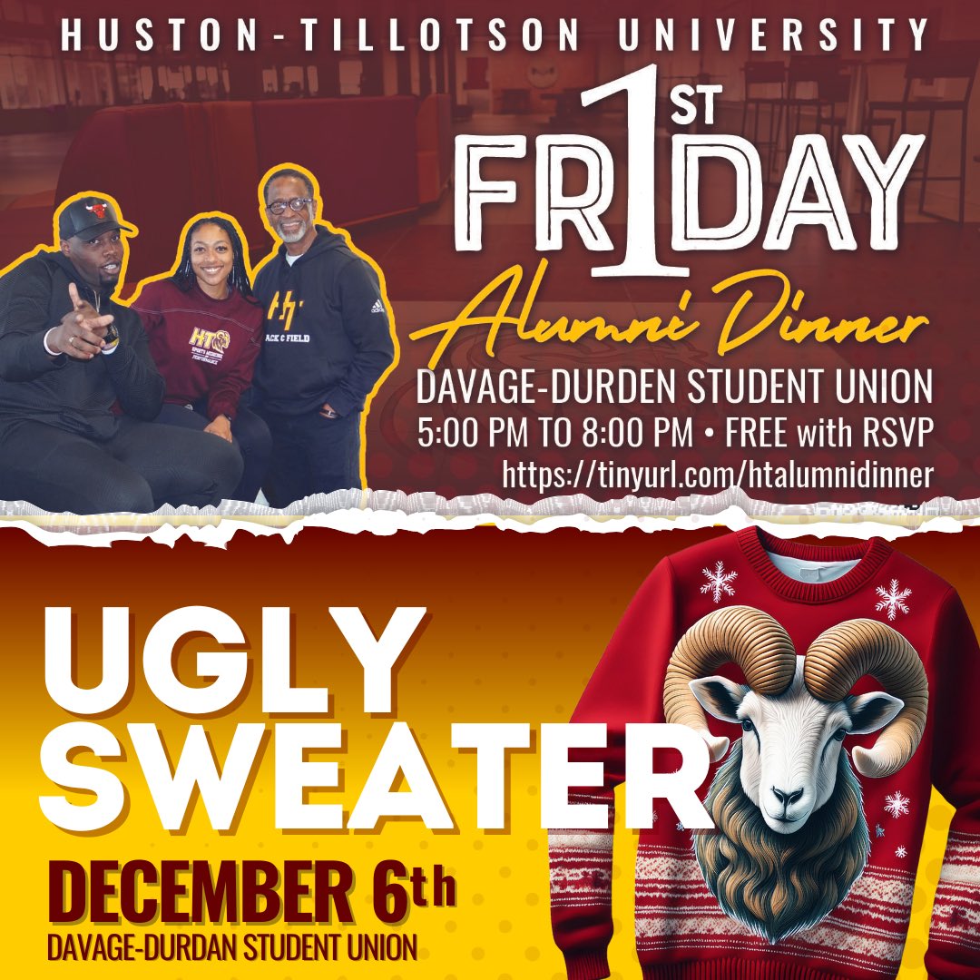 Grab you Ugly Sweater and join us for the 1st Friday Alumni Dinner this Friday, December 6th at 6 PM! Let’s come together for an evening of great food, holiday vibes, and Ram pride.

Pull out your tackiest, wackiest holiday sweater and show off your festive spirit.

#HTYou