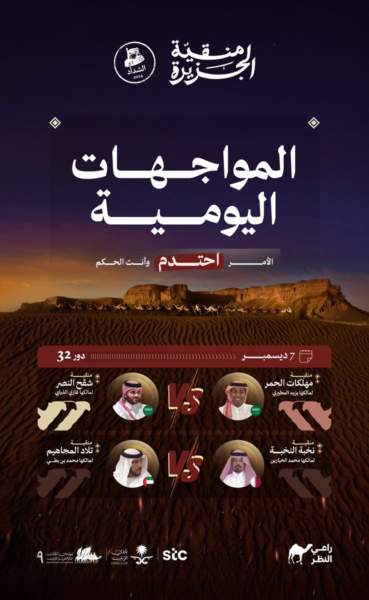 منافســات الغد...

#مهلكات_الحمر🆚 #شقح_النصر
#نخبة_النخبة🆚 #تلاد_المجاهيم

ترقبووا وخلوكم قريب ..
المنـافسات قوية وتحتاج نظركم ... الساعة 5:00م يبدأ التصويت..🔥

رابط التسجيل:
raialnadhar.com

#راعي_النظر
#منقية_الجزيرة 🐪
#راعي_الشداد 
#مهرجان_الملك_عبدالعزيز_للإبل9