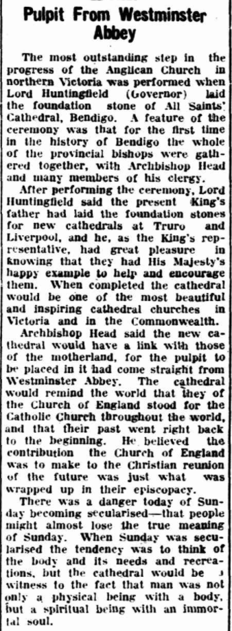 AustAnglican's tweet image. 7 December 1935: Victorian Governor Lord Huntingfield lays the foundation stone for the new All Saints' Cathedral, Bendigo. #anglican #89years (Ceased to be Cathedral in 1981; final service and deconsecration 5 July 2015.)