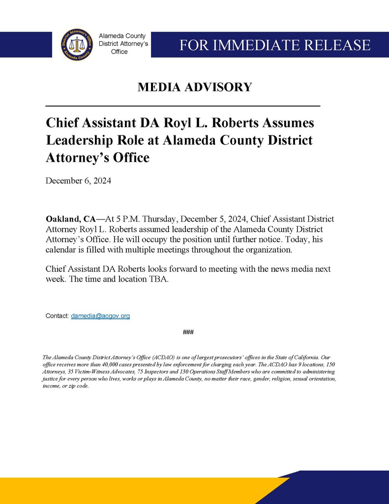 ACDAATable's tweet photo. Breaking:Chief ADA Royl Roberts assumed leadership of the ACDA Office. He will occupy the office until the BOS nominates and approves a new permanent DA, who will be in office until 2026, when voters will choose their DA once again. #news #alamedacounty #criminaljustice https://t.co/8hNyi0omTC