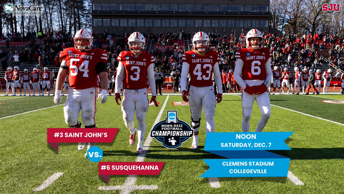 Saint John's Athletics (@sjujohnnies) on Twitter photo No. 3 <a href="/SJUFootball/">Johnnie Football</a> plays host to No. 6 Susquehanna in the third round of the <a href="/NCAADIII/">NCAA Division III</a> Playoffs at noon this Saturday in Clemens Stadium!
LIVE COVERAGE/INFO/TICKETS: gojohnnies.com/news/2024/12/6…
#GoJohnnies #d3fb No. 3 <a href="/SJUFootball/">Johnnie Football</a> plays host to No. 6 Susquehanna in the third round of the <a href="/NCAADIII/">NCAA Division III</a> Playoffs at noon this Saturday in Clemens Stadium!
LIVE COVERAGE/INFO/TICKETS: gojohnnies.com/news/2024/12/6…
#GoJohnnies #d3fb