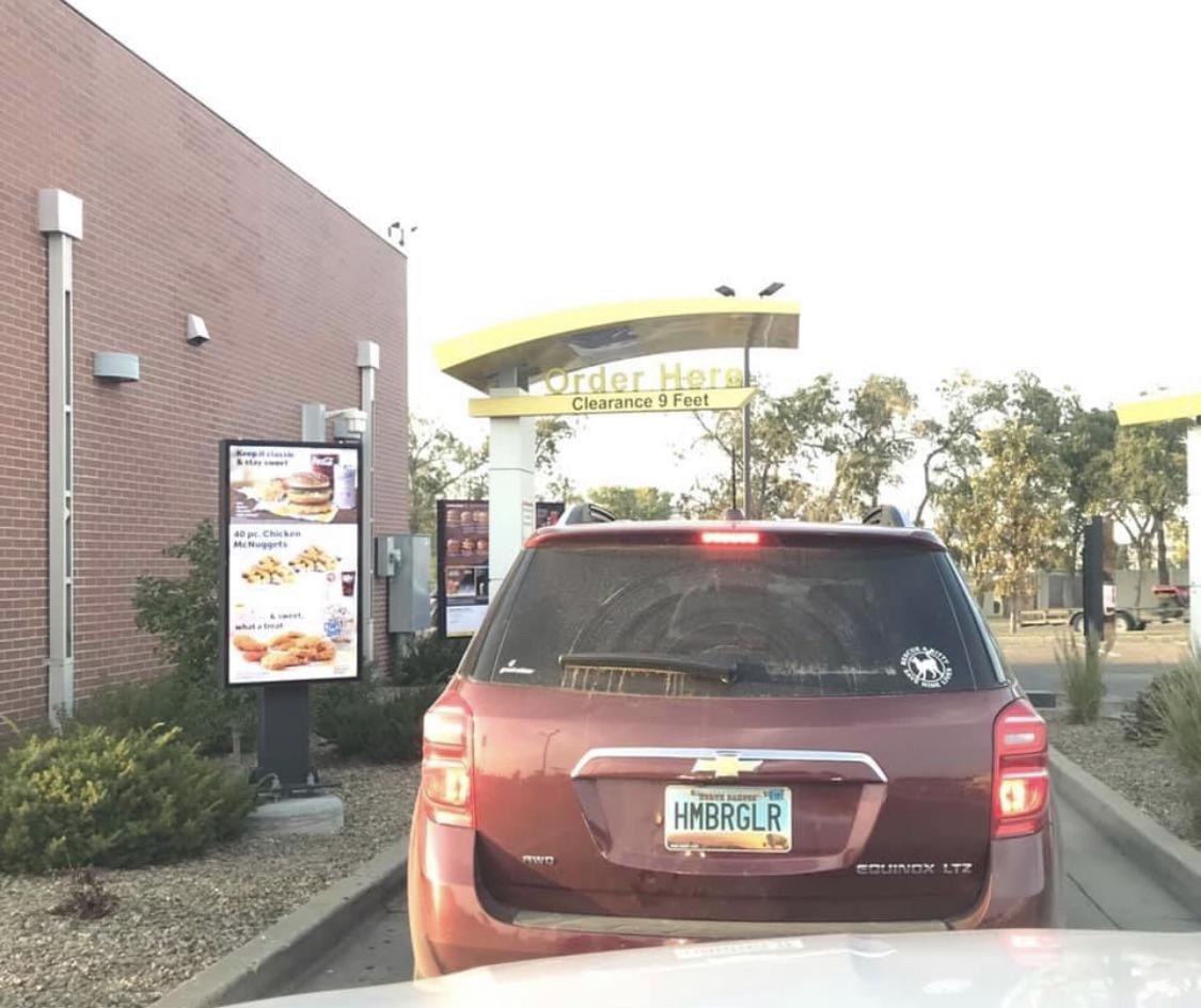 TheChrisenator's tweet photo. @Dameshek A car with a personalized "Hamburglar"  plate in line at McDonalds. https://t.co/bBtYS6Z7y7