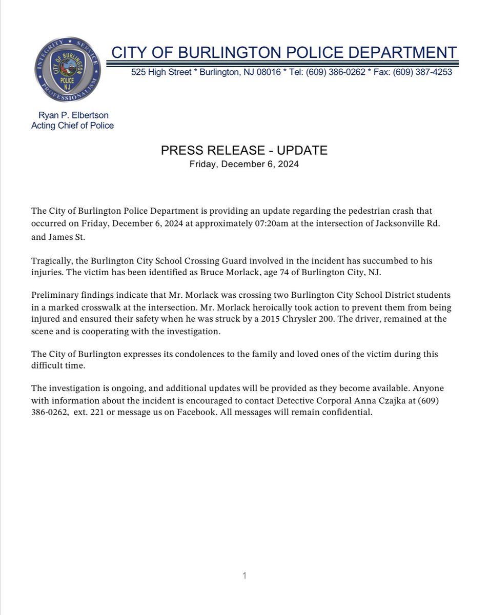 BurlCityPDNJ's tweet photo. PRESS RELEASE - UPDATE
Friday, December 6, 2024 https://t.co/lu9FIuJF51