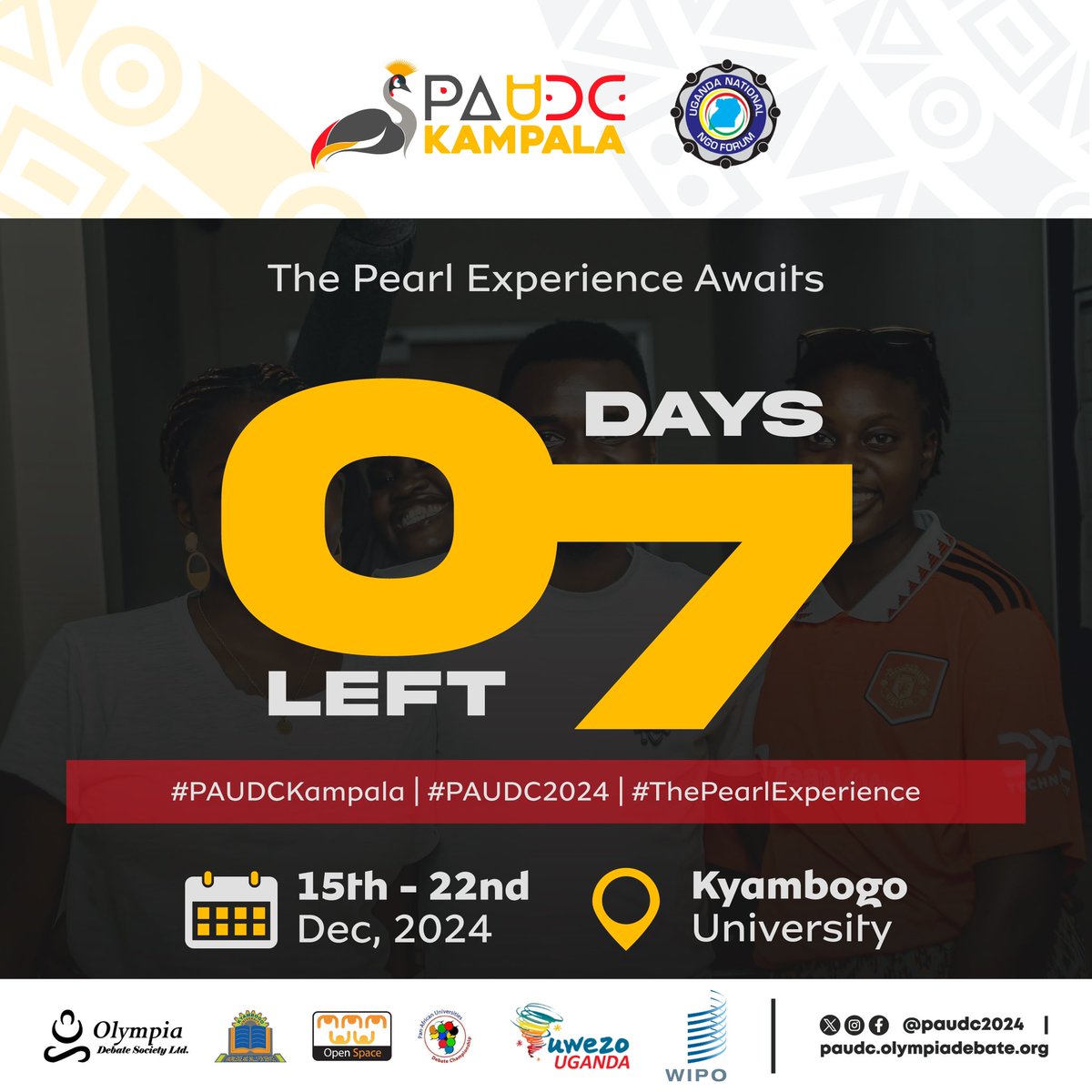 7 Days to Go!

The countdown to PAUDC Kampala 2024 is reaching its final stretch! 

With just one week left, excitement is building as we prepare to bring together participants, judges, and partners for an unforgettable experience. 

Our incredible partners, including <a href="/ngoforum/">The NGO Forum</a>