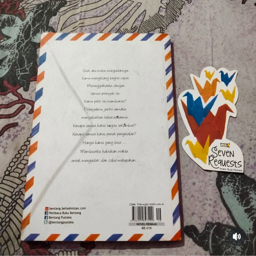 DyahVia's tweet photo. SEVEN REQUEST
Bentang Belia
⭐⭐⭐⭐⭐ / 5⭐
______________________________
Buku bergenre remaja yg berjumlah 174 halaman, terbit cetakan pertama September 2012.
Buku dari Amira Budi Mutiara ini menceritakan tentag persahabatan 2 orang si tokoh utamanya ini, yaitu Erin &amp; Luthfan. https://t.co/VLdKIE9ybU