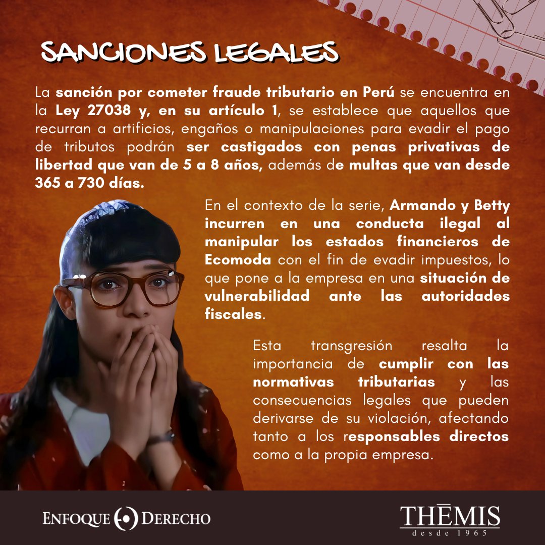EnfoqueDerecho's tweet photo. #BettyEntreLeyes 🎬💼
¿Qué sanciones #fiscales y #tributarias pueden aplicarse a las #empresas como #Ecomoda por presentar información financiera alterada, según la legislación vigente?
¿Qué otras problemáticas legales de la serie te gustaría que exploremos esta semana? ➡️ https://t.co/BIGaKivtFp