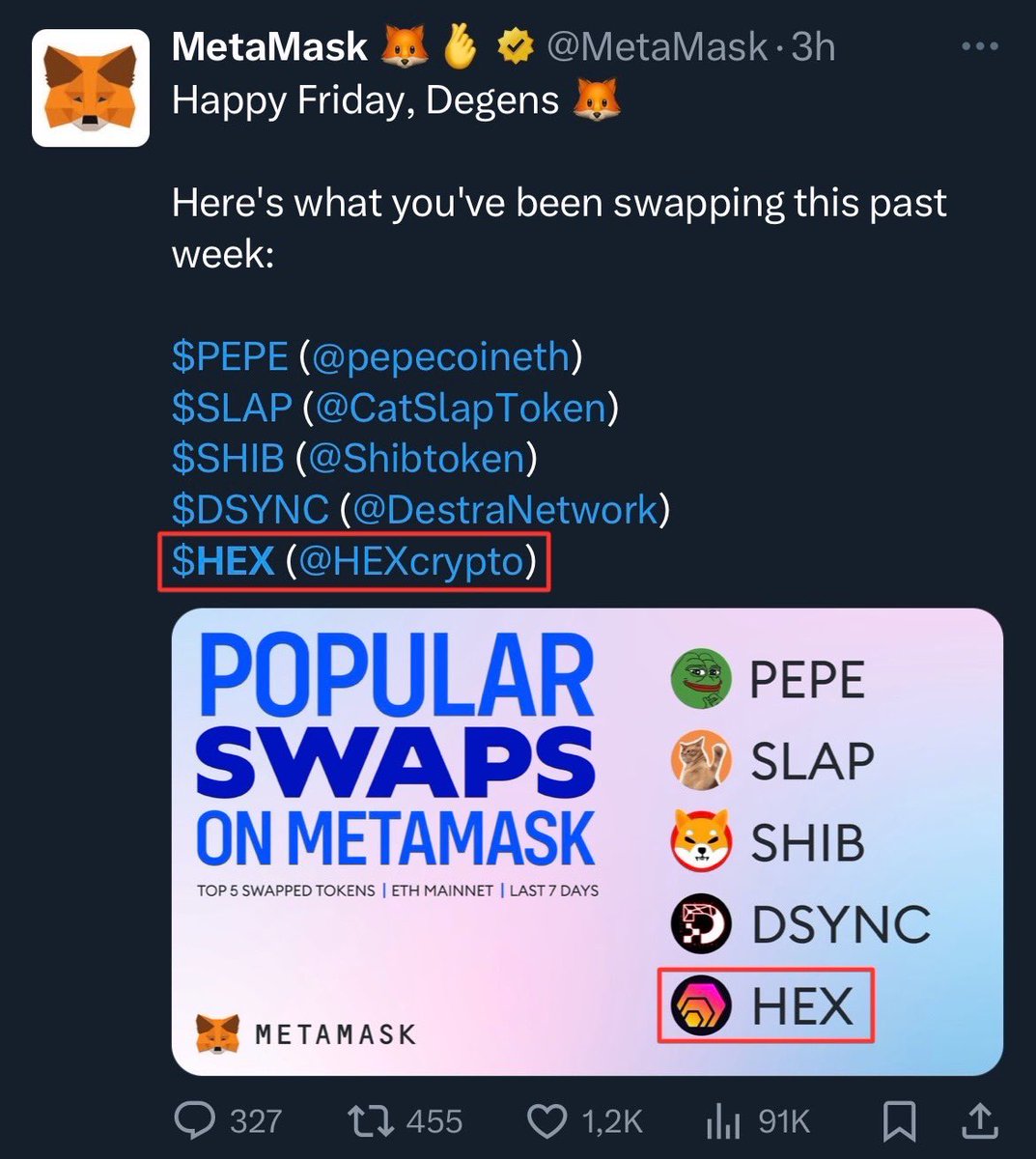 HviidHEX's tweet image. BREAKING: @Metamask mentions $HEX as 1 of the 5 most traded tokens on #Ethereum 

Everyone in crypto refused to mention HEX, $PLS and $PLSX or anything Richard Heart related, for years. Until today

Now, the biggest players in the game are mentioning us, in order to not fade out…