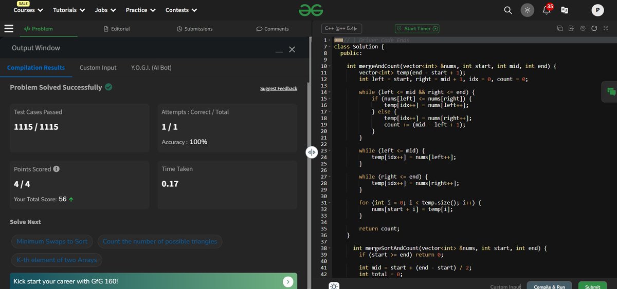 ParikshitR24's tweet photo. Day 13 of #GeekStreak2024! ๐
Solved the Inversion Count problem efficiently!
โ
Used modified merge sort to count inversions during merge.
โ
Time complexity: O(nlogโกn).
#GFG160 keeps sharpening skills! ๐ปโจ
#KeepCoding #AlgorithmMagic https://t.co/yoB27oIzN8
