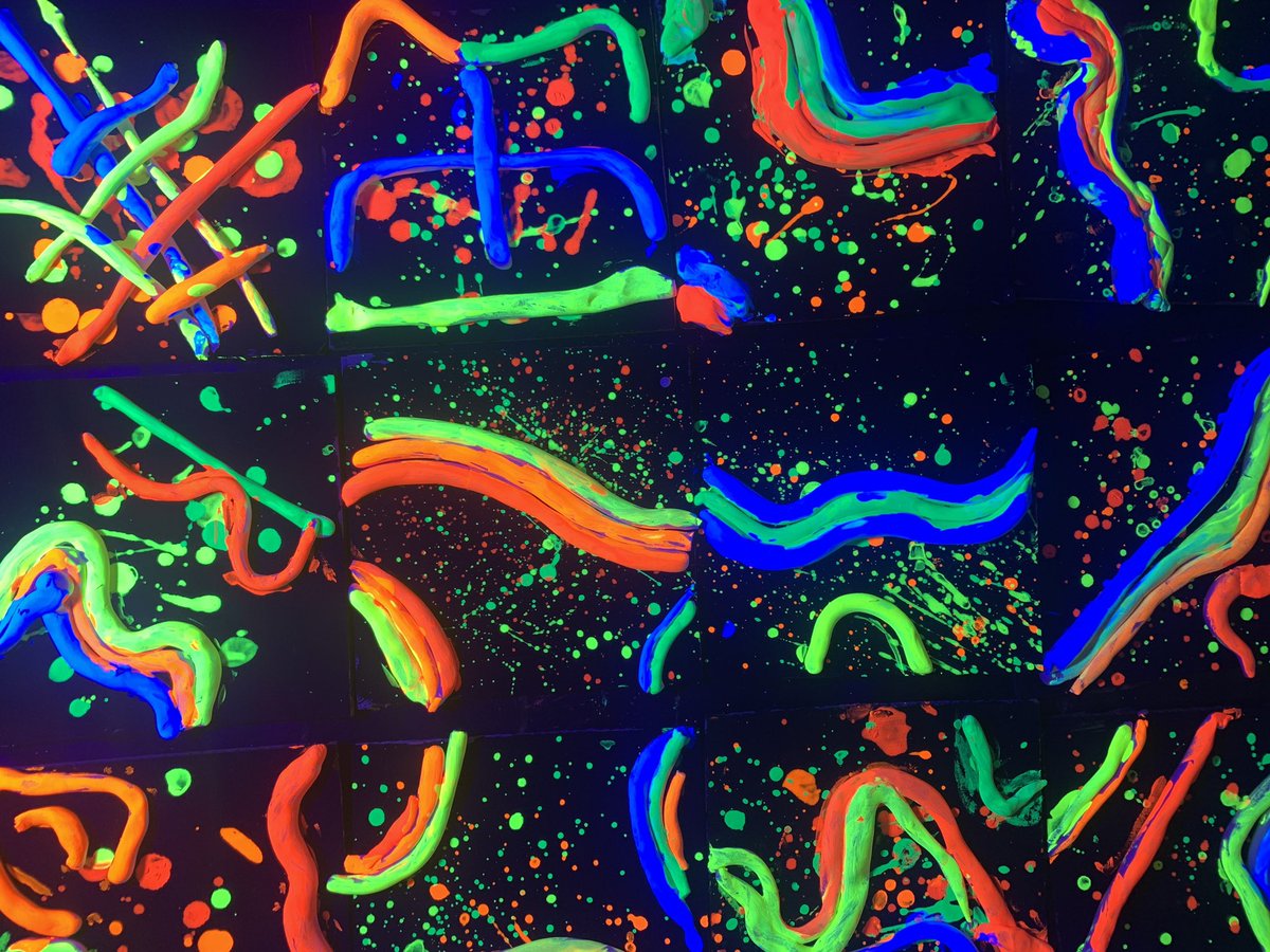 Thank you <a href="/aplusfcu/">A+FCU</a> for the grant to support our cub artists! This week we used our new black lights to create neon art. Almost every grade is working on a piece for our show in the spring. Enjoy these glowing masterpieces and artists hard at work. #artmatters  <a href="/HaysFineArts/">Hays CISD Fine Arts</a>