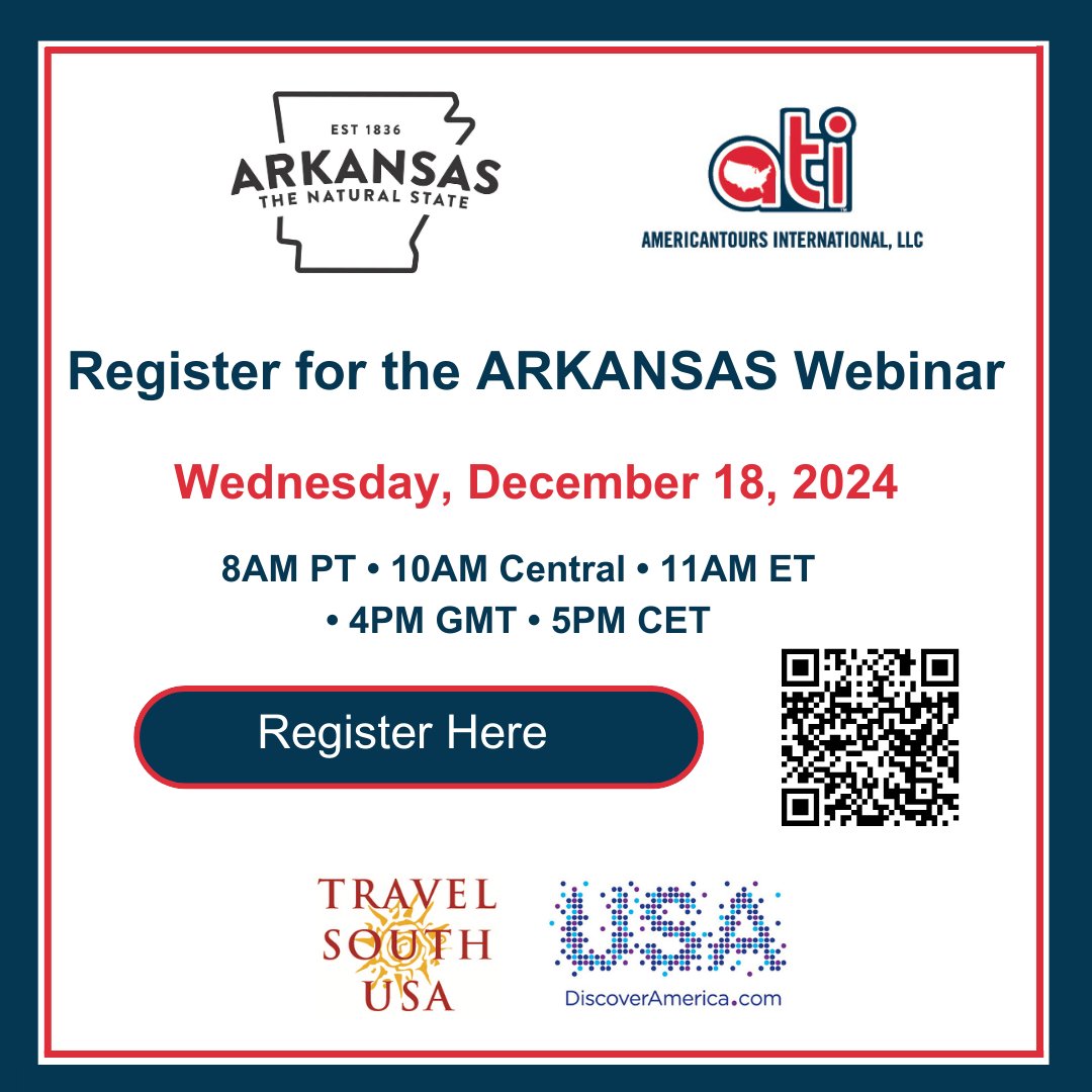 AmericanTours1's tweet photo. Join us for an exclusive live webinar with our partners in Arkansas on Wednesday, December 18! Don't miss out - sign up now! Register here: https://t.co/mBWs6xtS7w
#webinar #traveltrade #arkansas https://t.co/h60BC4nxyD