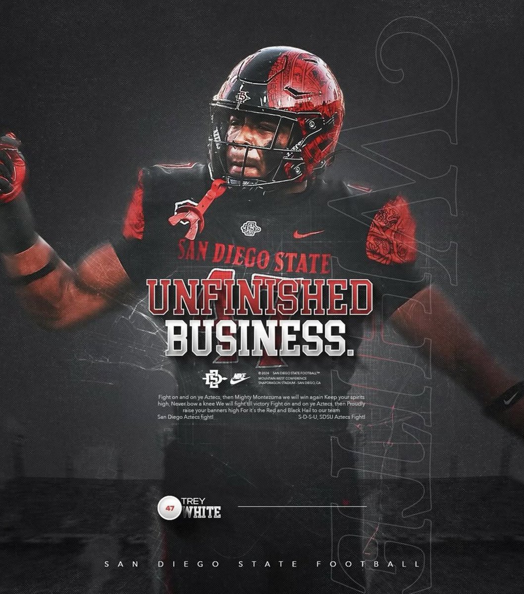 San Diego State sophomore edge Trey White (Eastlake High) just announced that he, too, is returning for the <a href="/AztecFB/">San Diego State Football</a> team's 2025 season. White, one of three team captains, had a breakout year. He leading the nation in sacks for much of the season. He finished the year with 12 1/2