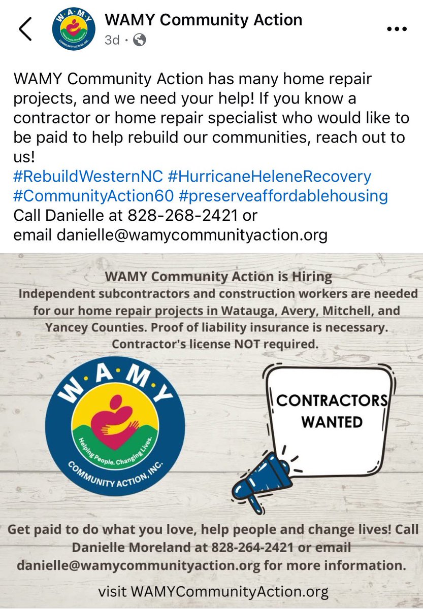 WA1768backup's tweet photo. 🔥🙏🏻🫶🏻 WAMY Community Action needs your help. Looking for Contractors or Home Repair Specialists/Construction Workers to help rebuild our communities. Contact Danielle at 828-268-2421 or email danielle@wamycommunityactio.org 🫶🏻🙏🏻🔥 https://t.co/prDmStWFUy