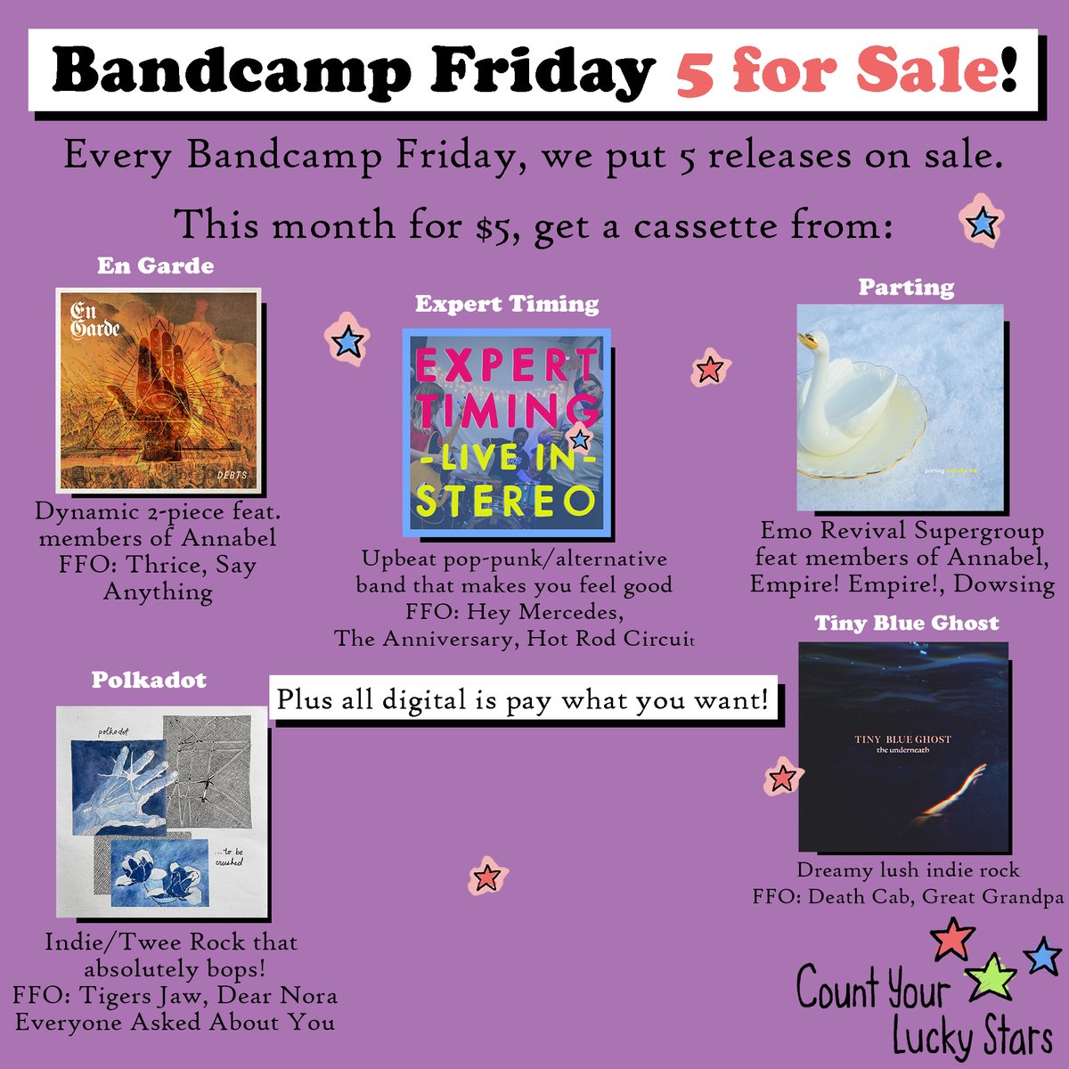 Parting (@partingband) on Twitter photo Hey! It's Bandcamp Friday! You can get our debut release at the <a href="/cylsrecords/">Count Your Lucky Stars Records</a> page on cassette for only $5! Digital is name your price
Get our EP, or Ben's band <a href="/annabelohio/">Annabel</a>, Keith's band's <a href="/MtOriander/">Mt. Oriander</a> <a href="/eeiwale/">Empire! Empire! (I Was a Lonely Estate)</a>, or Goo's old band <a href="/dowsing/">seagull</a>.
countyourluckystars.bandcamp.com
Today only! Hey! It's Bandcamp Friday! You can get our debut release at the <a href="/cylsrecords/">Count Your Lucky Stars Records</a> page on cassette for only $5! Digital is name your price
Get our EP, or Ben's band <a href="/annabelohio/">Annabel</a>, Keith's band's <a href="/MtOriander/">Mt. Oriander</a> <a href="/eeiwale/">Empire! Empire! (I Was a Lonely Estate)</a>, or Goo's old band <a href="/dowsing/">seagull</a>.
countyourluckystars.bandcamp.com
Today only!