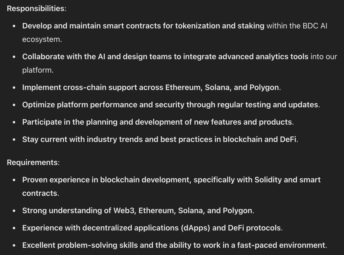 BasedDeadCats's tweet photo. Developer Vacancy at Based Dead Cats AI

Role: Join Based Dead Cats AI as a developer and help shape the future of NFT and DeFi integration. You will work on cutting-edge blockchain solutions, building and maintaining smart contracts, and enhancing our platform’s user experience. https://t.co/rfIrCvWBmZ