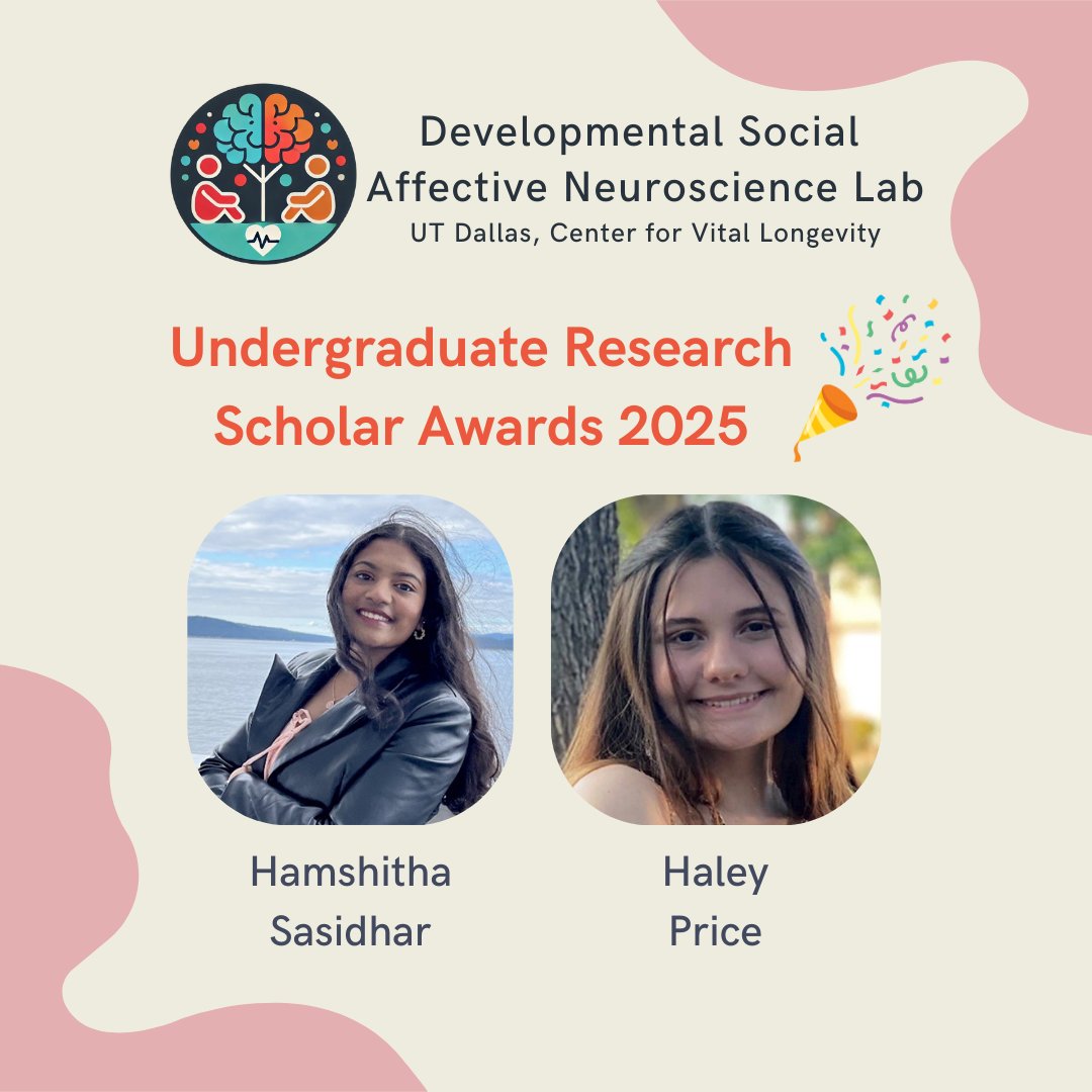 🎉 Congratulations to Hamshitha and Haley on receiving the 2025 Undergraduate Research Scholars Award! 🌟 Stay tuned for their work on the joint effects of victimization and perpetration on brain development, as well as simulating real-life social comparisons within friend dyads.