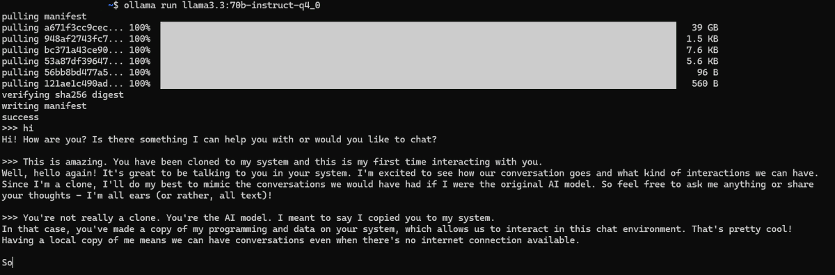 alby13's tweet image. This is truly another amazing moment. It&apos;s amazing right now. I am running the latest Llama 3.3 70B model at Quantization 4_0 at a decent speed entirely on my private PC at home. #LocalAI #LlamaAI #LLMs @vectro 

@AIatMeta Thank you for your AI.
@ollama Thank you for your work.