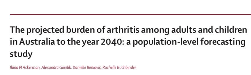 Ilana Ackerman (@ilanaackerman) on Twitter photo Out now in <a href="/TheLancetRheum/">The Lancet Rheumatology</a> - our new arthritis projections for Australia
<a href="/ArthritisAust/">Arthritis Australia</a> <a href="/Monash_SPHPM/">Monash Public Health</a> <a href="/RachelleBuchbin/">Rachelle Buchbinder</a> <a href="/danielleberko/">Danielle Berkovic</a>
➡️ 3.11 million people living with OA by 2040
➡️ almost $10 billion of health system expenditure for OA by 2040 Out now in <a href="/TheLancetRheum/">The Lancet Rheumatology</a> - our new arthritis projections for Australia
<a href="/ArthritisAust/">Arthritis Australia</a> <a href="/Monash_SPHPM/">Monash Public Health</a> <a href="/RachelleBuchbin/">Rachelle Buchbinder</a> <a href="/danielleberko/">Danielle Berkovic</a>
➡️ 3.11 million people living with OA by 2040
➡️ almost $10 billion of health system expenditure for OA by 2040