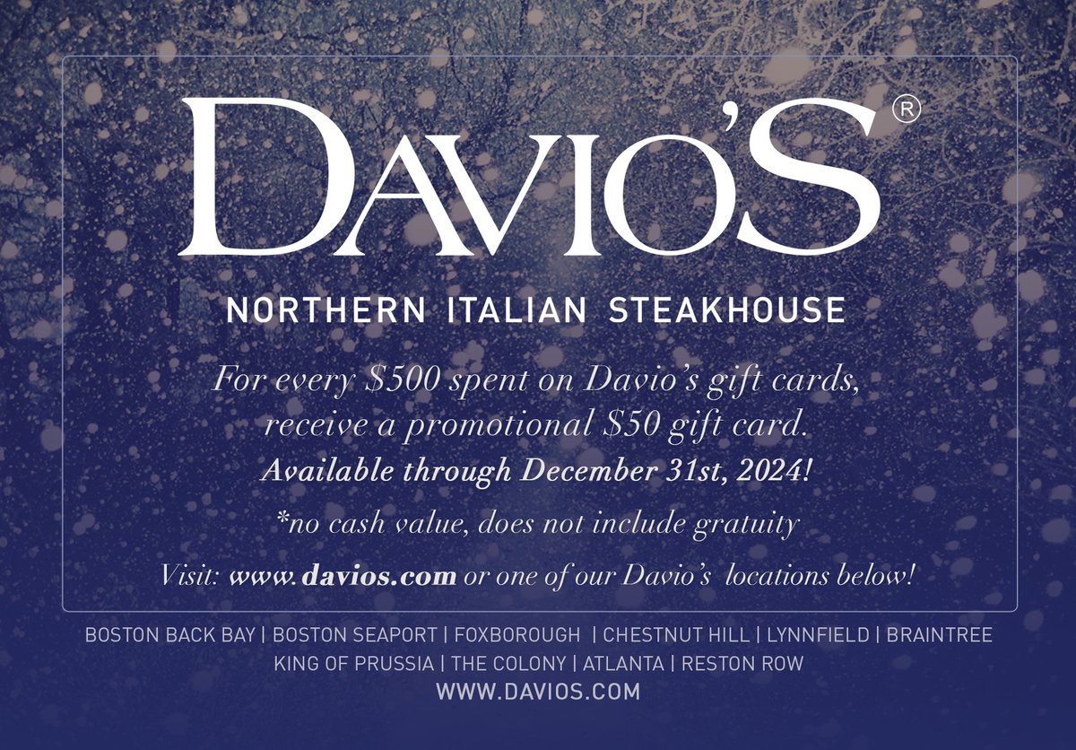 🎁Holiday Gift Card Promotion! 🎁 For every $500 spent on Davio’s Gift Cards, receive a $50 Promotional Gift Card on us! 📅Available through December 31, 2024 💳Shop online at davios.com or visit one of our Davio’s locations! <a href="/SteveDiFillippo/">Steve DiFillippo</a>