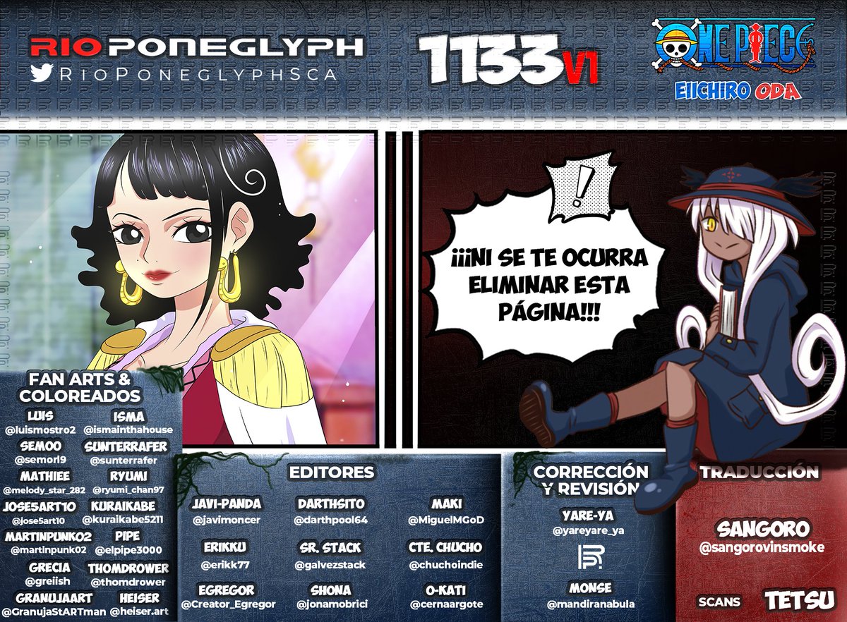 Ya está aquí nuestra primera versión de #OnePiece1133, que la disfruten!! Recuerden que el finde sale la versión final con datos extra y glosario!
#OnePiece #RioPoneglyphScans
Opción 1:   bit.ly/OP-1133v1-RPS-1
Opción 2:  bit.ly/OP-1133v1-RPS-2
Descarga: bit.ly/descargas-rps-m