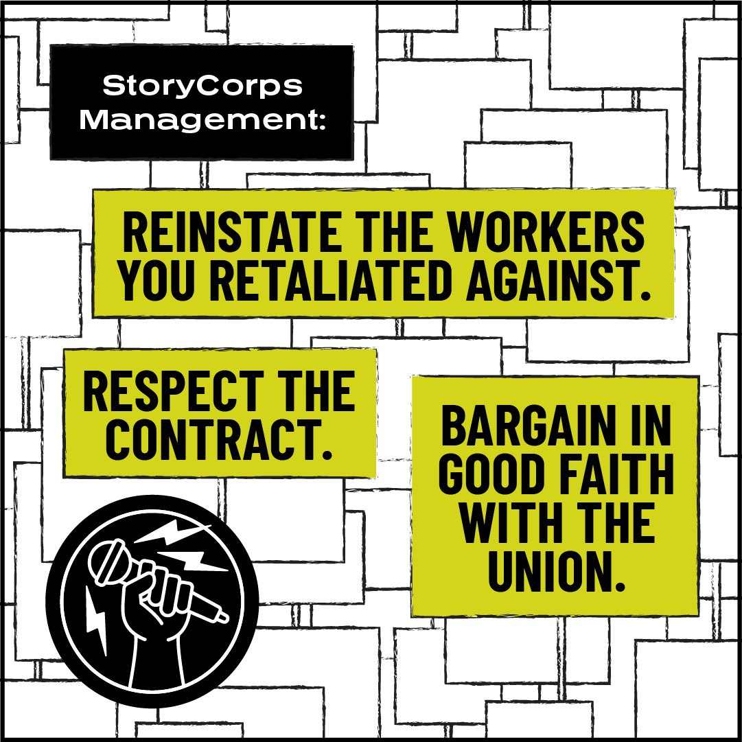 StoryCorpsUnion's tweet photo. Join us to send this message to @storycorps -Reinstate our laid off workers!

Rally with us on Sunday, December 15 at noon! RSVP Here- https://t.co/wvLB3u6DjA https://t.co/Y6FluiY1D3