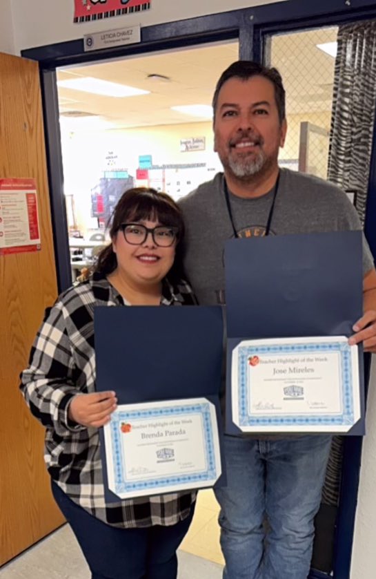 🌟 Congratulations to our Teacher Highlight of the Week👏🎊 We have a fantastic duo, Brenda Parada and Jose Mireles from
 Frank Macias Elementary School 🦅
