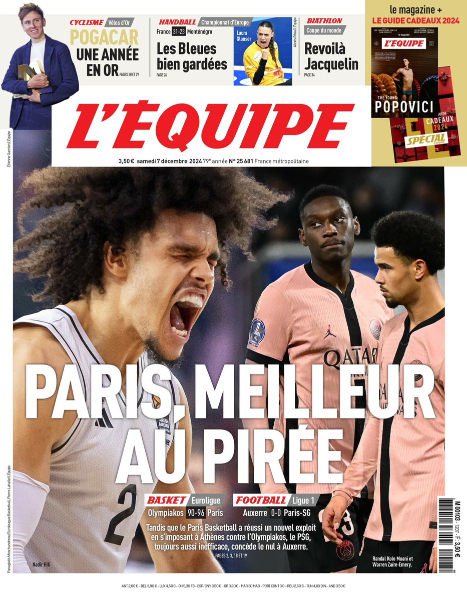 La une du journal L'Équipe de ce samedi 7 décembre