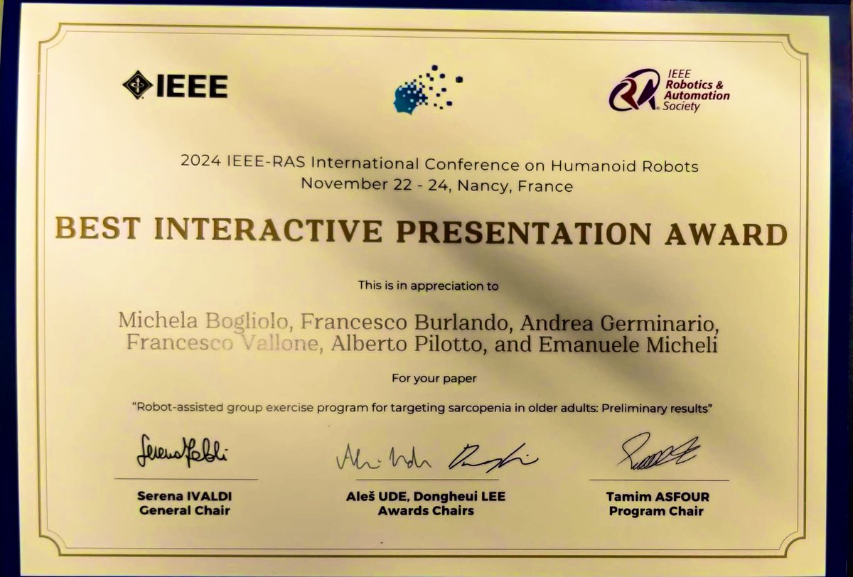🥇We’re happy to share that our #PhDStudent Michela Bogliolo won the best interactive presentation award during the <a href="/ieeeras/">IEEE RAS</a> #international #conference on #humanoid #robots!